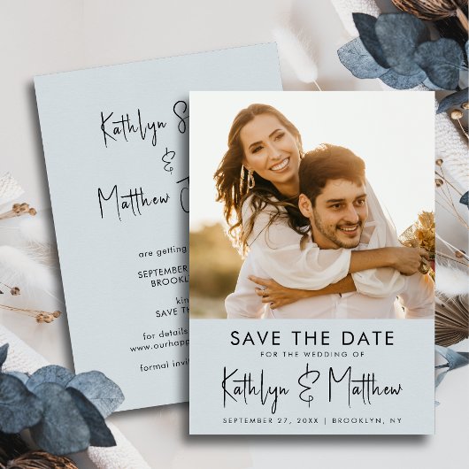 Save The Date Dusty Blue Fun Script Mariage photo moderne