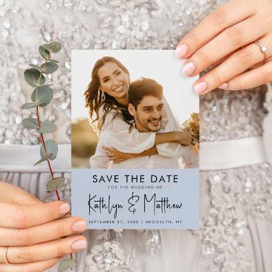 Save The Date Dusty Blue Fun Script Mariage photo moderne