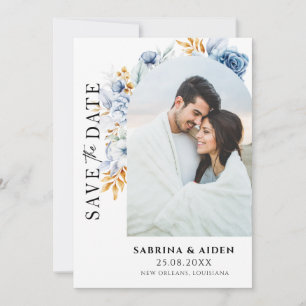Save The Date Dusty Blue Gold Floral Arch Photo QR Code