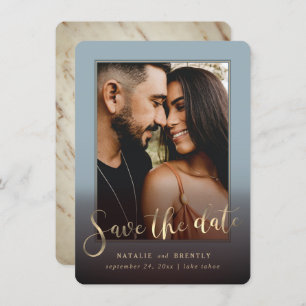 Save The Date Dusty Blue Gold Script & Marble Photo Overlay