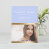 Save The Date Dusty Blue Gold White Stripe Graduation Party (Debout devant)