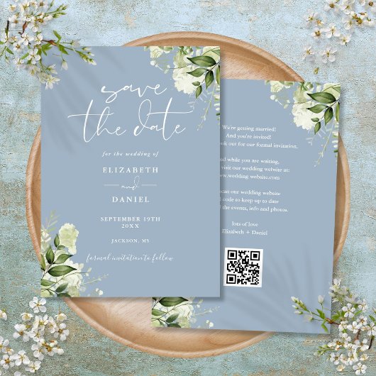 Save The Date Dusty Blue Greenery Floral QR Code Mariage