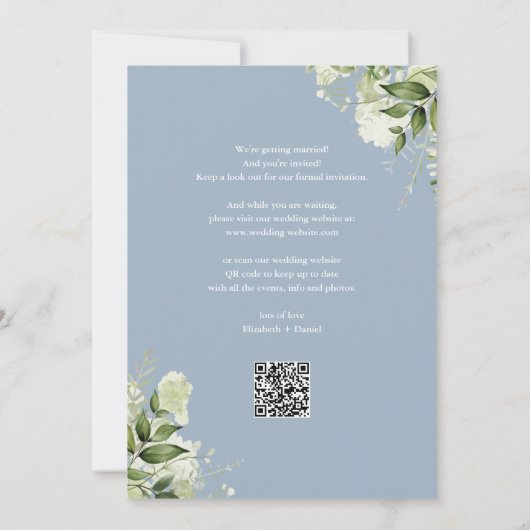 Save The Date Dusty Blue Greenery Gold Arch QR Code Mariage (Dos)