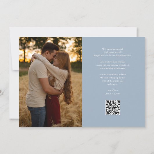 Save The Date Dusty Blue Heart Script Photo Mariage QR Code (Dos)