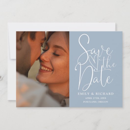 Save The Date Dusty Blue Mariage 2 Photo QR Code Élégant Script (Devant)