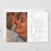 Save The Date Dusty Blue Mariage 2 Photo QR Code Élégant Script (Devant)