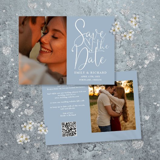 Save The Date Dusty Blue Mariage 2 Photo QR Code Élégant Script