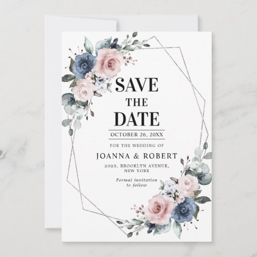 Save The Date Dusty Blue Mauve Eucalyptus Mariage géométrique En (Devant)