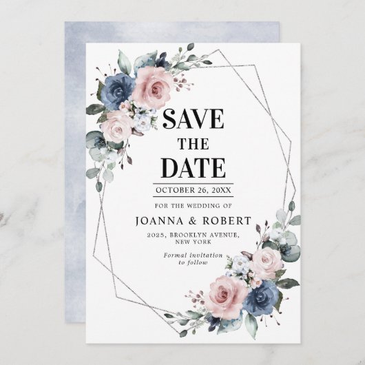 Save The Date Dusty Blue Mauve Eucalyptus Mariage géométrique En (Devant / Derrière)