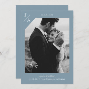 Save The Date Dusty Blue Minimaliste moderne Monogramme photo