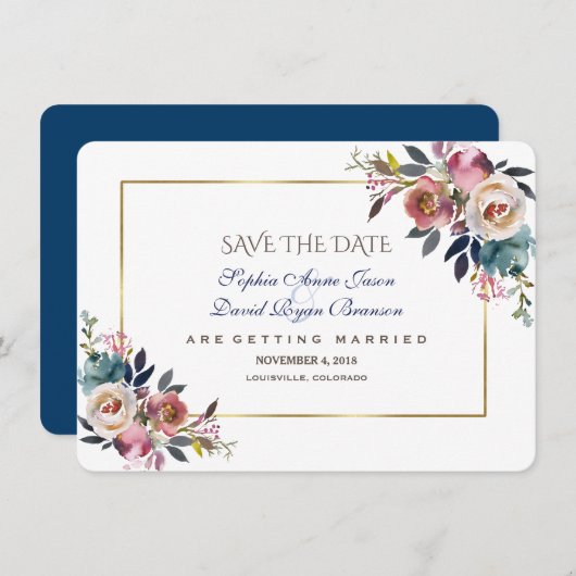Save The Date Dusty Blue Misty Floral Rose Enregistrer La Date (Devant / Derrière)