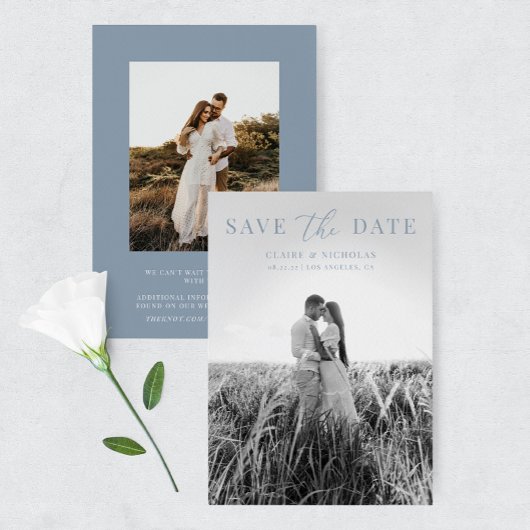Save The Date Dusty Blue Modern Elegant Wedding Photo