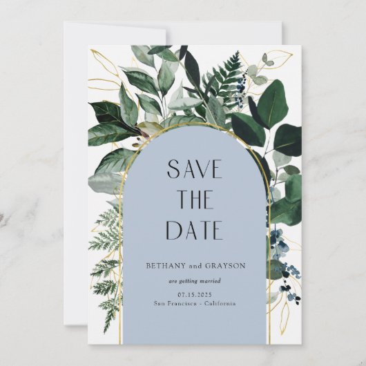 Save The Date Dusty Blue, Modern Greenery feuille code QR (Devant)