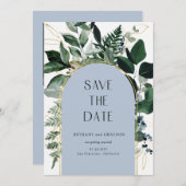 Save The Date Dusty Blue, Modern Greenery feuille code QR (Devant / Derrière)