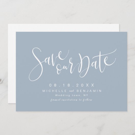 Save The Date Dusty Blue Modern Script Simple Enregistrer La Dat (Devant / Derrière)