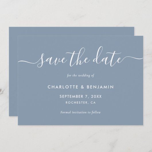 Save The Date Dusty Blue Modern Script Wedding Enregistrer La Da (Devant / Derrière)
