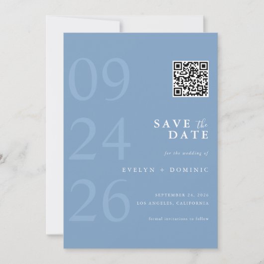 Save The Date Dusty Blue Modern Typography QR Code Wedding (Devant)