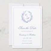 Save The Date Dusty Blue Monogram Mariage de couronne botanique (Devant)