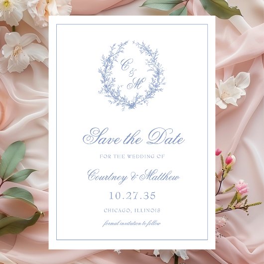 Save The Date Dusty Blue Monogram Mariage de couronne botanique