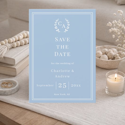 Save The Date Dusty blue monogram wreath wedding