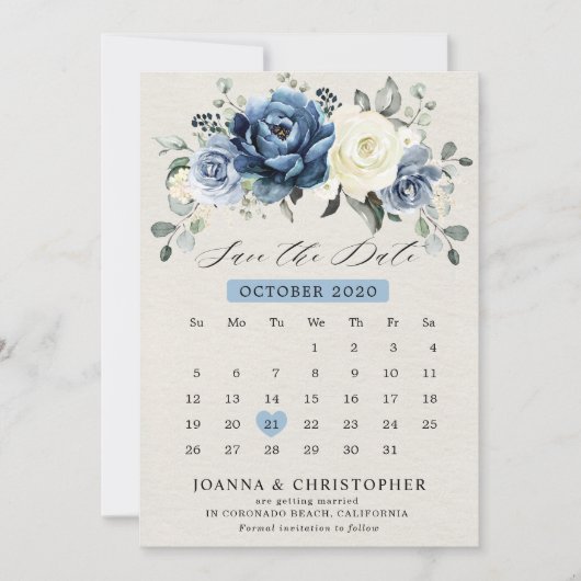 Save The Date Dusty Blue Navy Champagne Ivory Floral Calendrier (Devant)