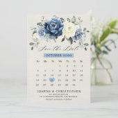Save The Date Dusty Blue Navy Champagne Ivory Floral Calendrier (Debout devant)