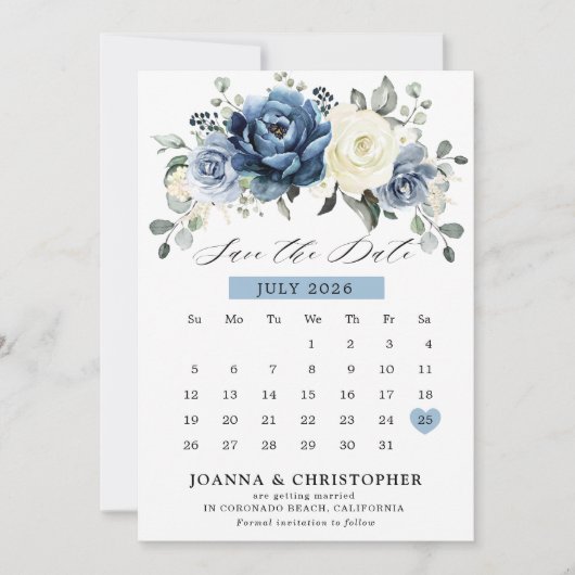 Save The Date Dusty Blue Navy Champagne Ivory Floral Calendrier (Devant)