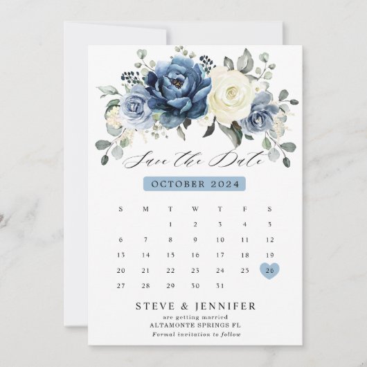 Save The Date Dusty Blue Navy Champagne Ivory Floral Calendrier (Devant)