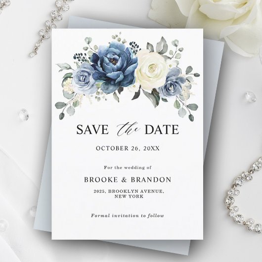 Save The Date Dusty Blue Navy Champagne Ivory Floral Mariage