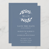 Save The Date Dusty Blue Olive Branch Monogram Wreath Mariage (Devant / Derrière)