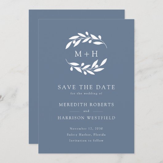 Save The Date Dusty Blue Olive Branch Monogram Wreath Mariage (Devant / Derrière)