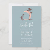 Save The Date Dusty Blue Palm Trees Moon Moderne Plage Mariage (Devant)