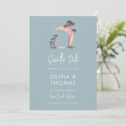 Save The Date Dusty Blue Palm Trees Moon Moderne Plage Mariage (Debout devant)