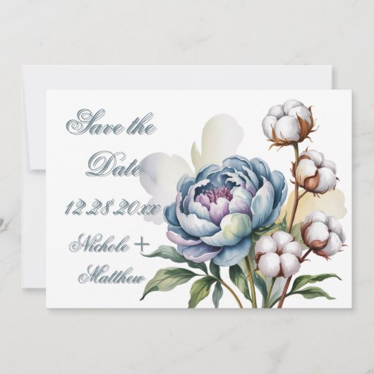 Save The Date Dusty Blue Peony and Cotton Wedding (Devant)