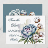 Save The Date Dusty Blue Peony and Cotton Wedding (Devant / Derrière)
