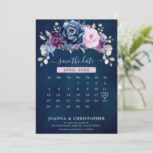 Save The Date Dusty Blue Purple Navy Lilac Blooms Calendrier Enr (Debout devant)