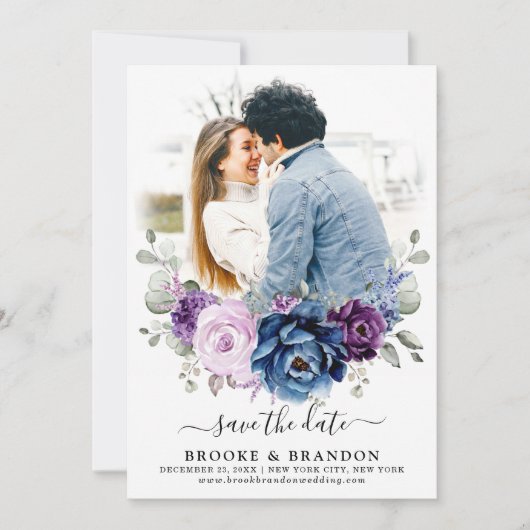 Save The Date Dusty Blue Purple Navy Lilac Blooms Mariage Photo (Devant)