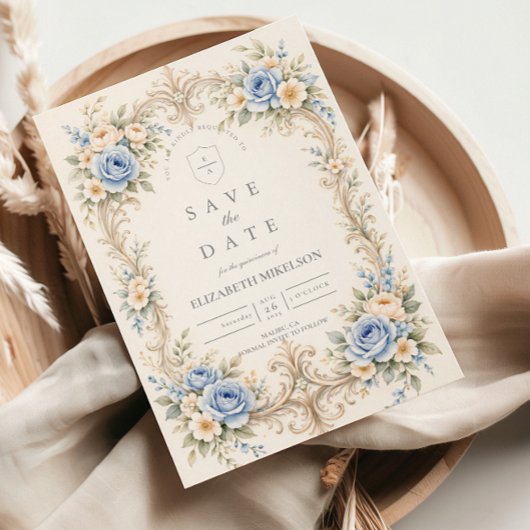 Save The Date Dusty Blue Rose Baroque Quinceañera
