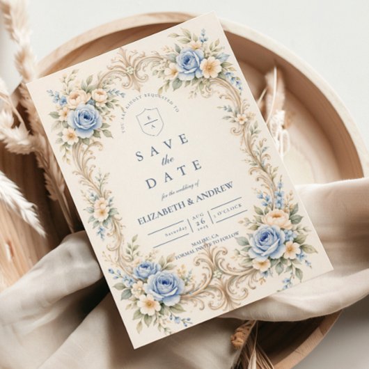Save The Date Dusty Blue Rose Baroque Wedding
