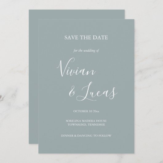 Save The Date Dusty Blue Script Wedding Enregistrer la date (Devant / Derrière)