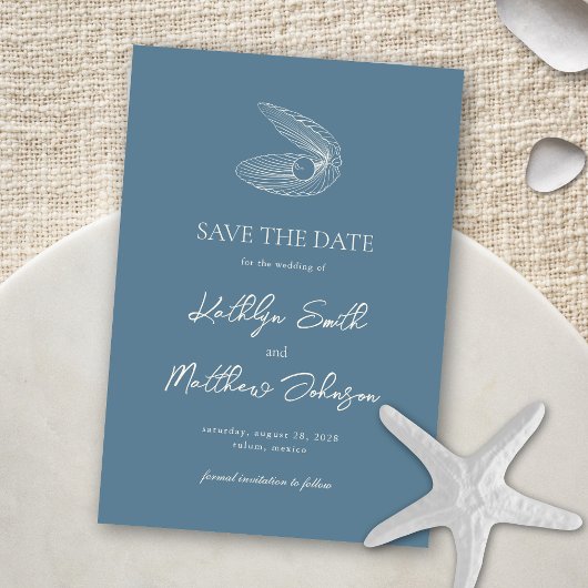 Save The Date Dusty Blue Shell Beach Ocean Destination Mariage