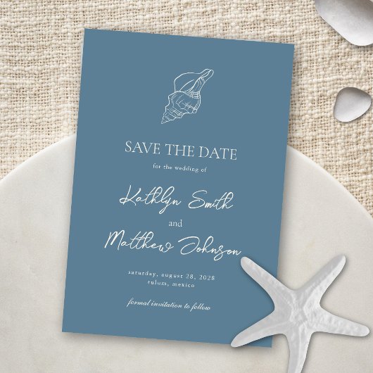Save The Date Dusty Blue Shell Beach Ocean Destination Mariage