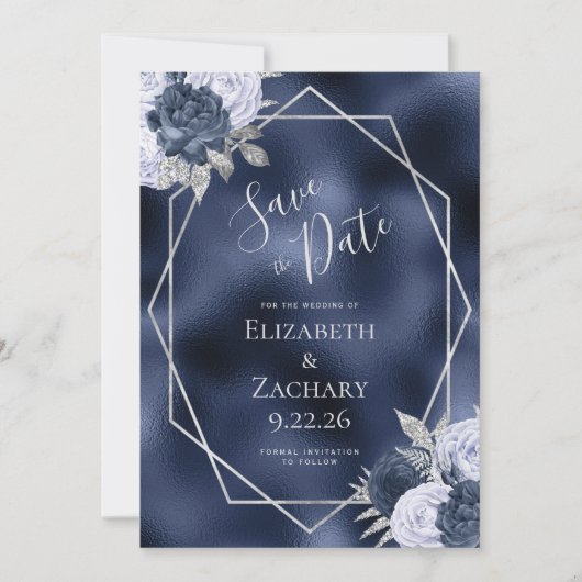 Save The Date Dusty Blue Silver Floral Navy Foil Enregistrer la (Devant)