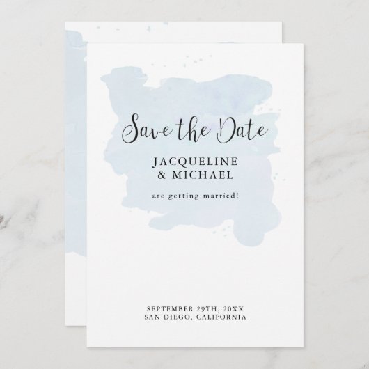 Save The Date Dusty Blue Simple élégant Script moderne Aquarelle (Devant / Derrière)