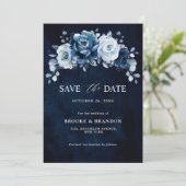Save The Date Dusty Blue Slate Navy Floral Botanal Mariage Save (Debout devant)