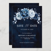 Save The Date Dusty Blue Slate Navy Floral Botanal Mariage Save (Devant / Derrière)