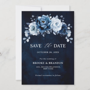 Save The Date Dusty Blue Slate Navy Floral Botanal Mariage Save
