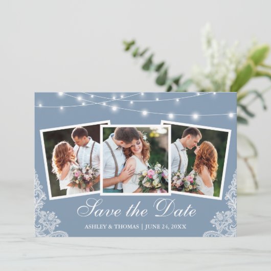 Save The Date Dusty Blue String Lights Lace 3 Photo (Debout devant)