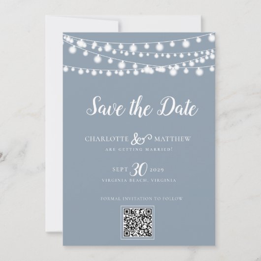 Save The Date Dusty Blue String Lights Script moderne Enregistre (Devant)