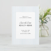 Save The Date Dusty Blue Striped Elegance Classy Wedding (Debout devant)